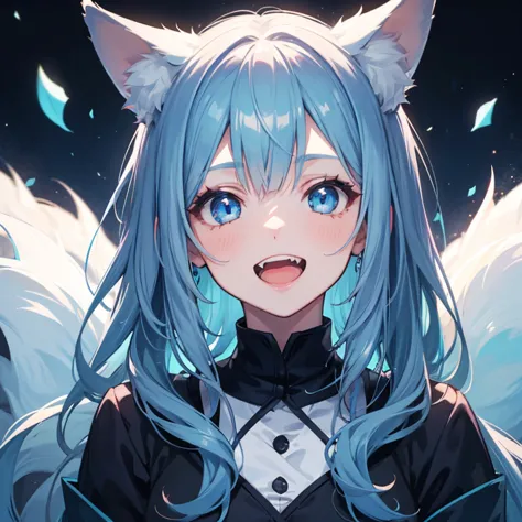 1girl, Solo, adult woman, chin-length hair, light blue hair, translucent skin, striking blue eyes, enlarged canines, Three Fox Tails, fix spirit, playful, cheery, High Resolution, ultra realistic