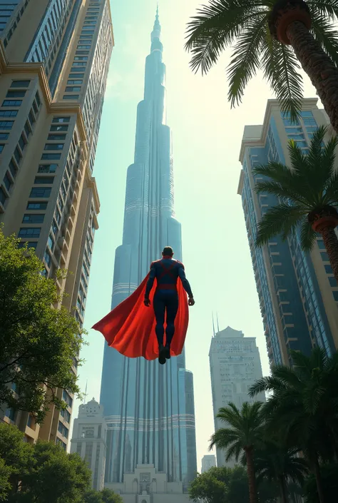 Hero are flying over the tree and between burj khalifa