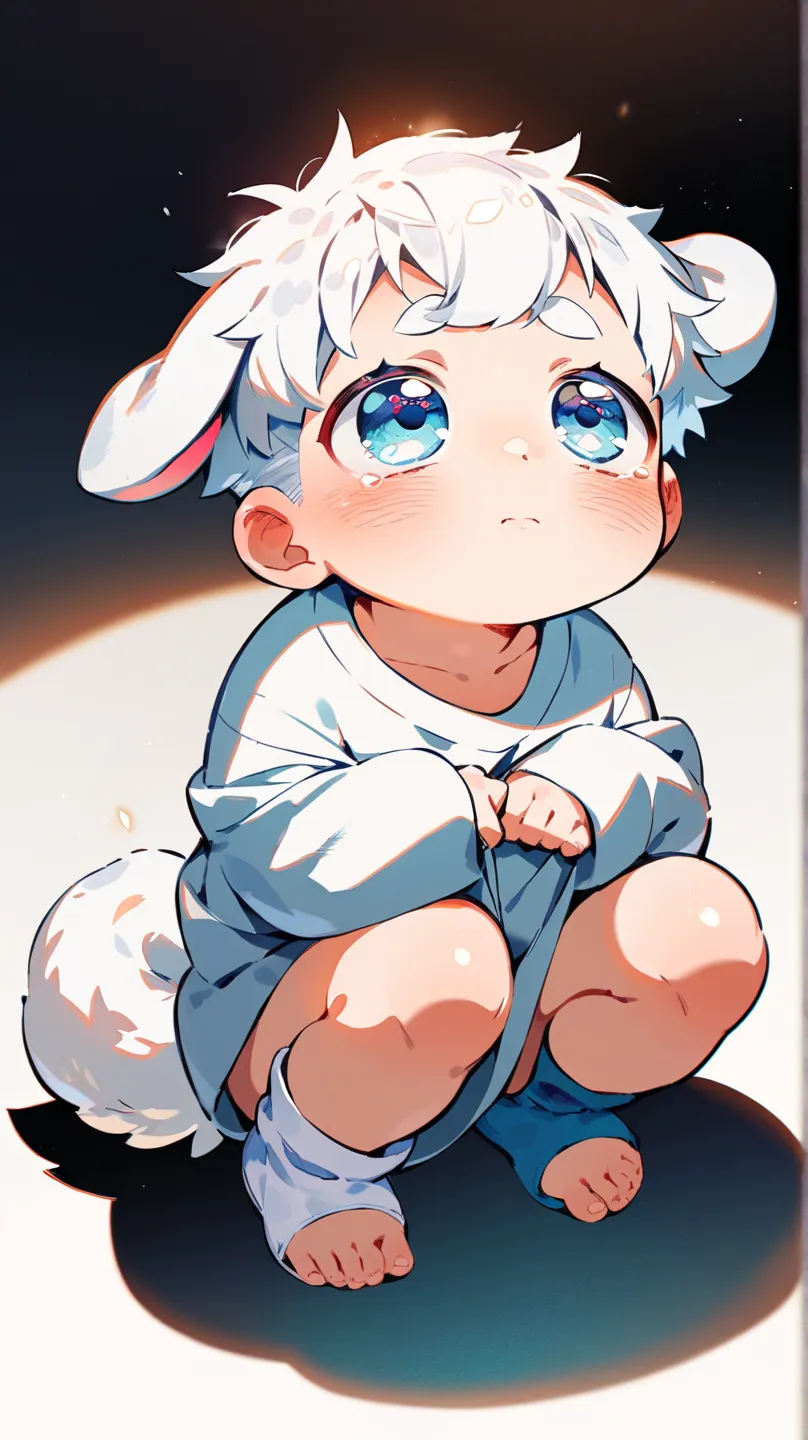 Toddler boy, dog ears, big shiny eyes, blush, bangs, oversized shirt, tail, white hair, looking up, sad, cute, crouching, holding on to hem shirt, uneven socks