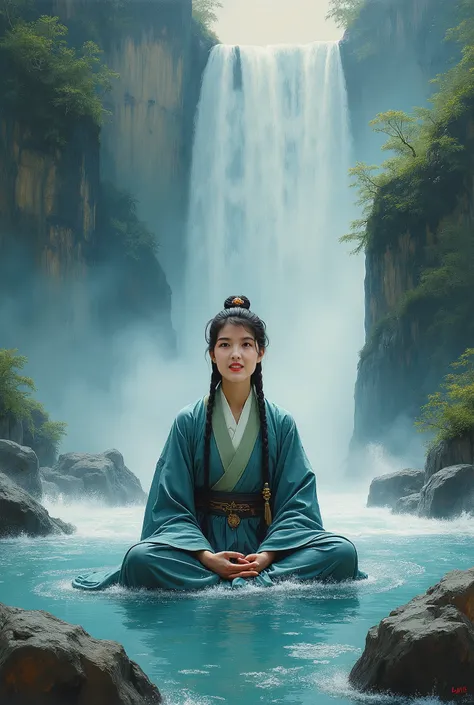  Oil painting on canvas, impressionist style, beautiful Hua Mulan meditating in a high waterfall, upper body floating above the water, wearing ancient Tang Dynasty costume, both hands on knees meditating, very short hair, heavy and traditional style clothi...