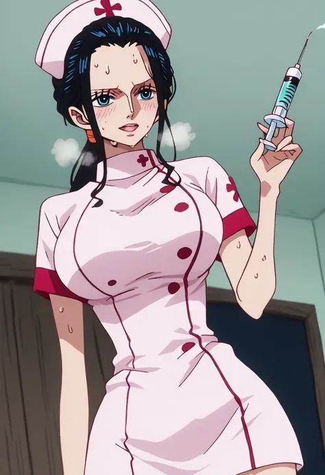 Nico Robin from the anime One Piece with black hair and wearing a sexy pink nurse outfit with her breasts showing and holding a syringe,  looking like a mischievous face and sweating because of the heat and with heavy breathing.