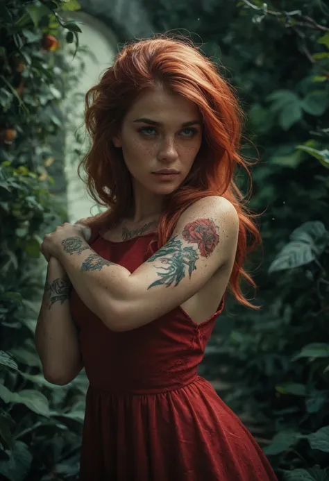  make a red-haired woman with freckles and green eyes wearing, Dragon tattoo on her arm wearing a red dress  