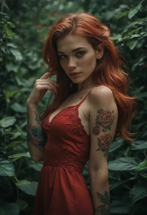  make a red-haired woman with freckles and green eyes wearing, Dragon tattoo on her arm wearing a red dress  