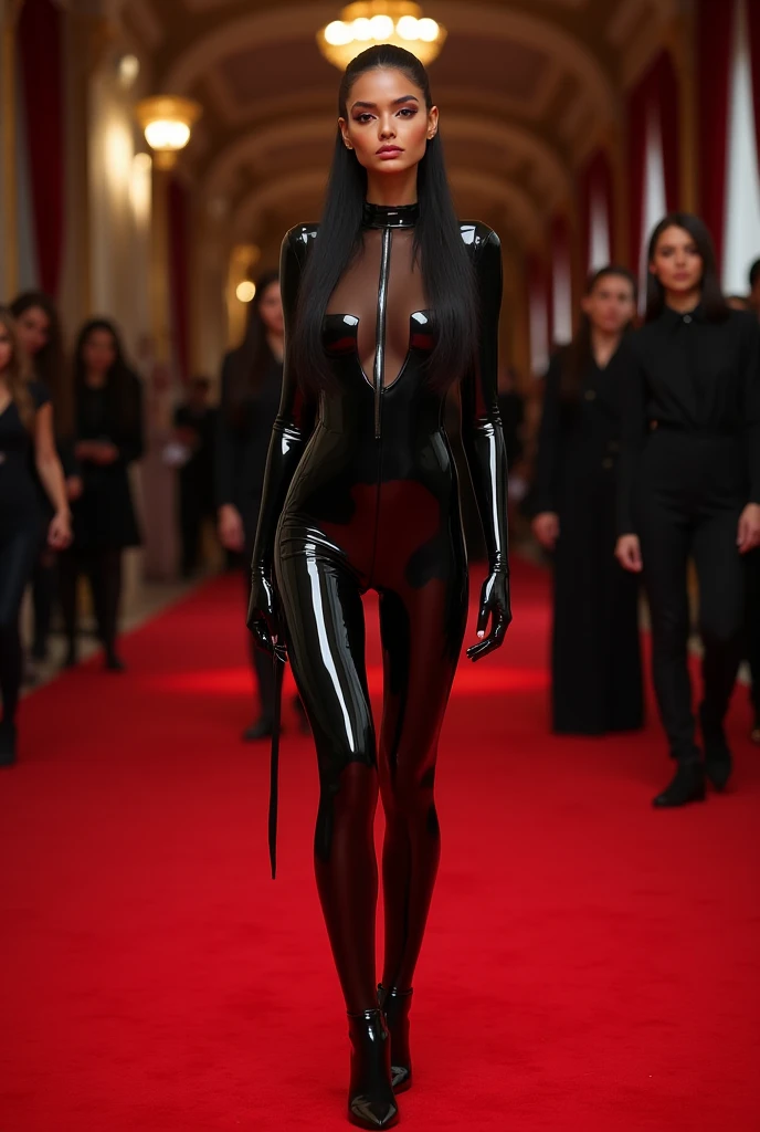  beautiful slender girl ,  long black hair gathered in a ponytail ,  black transparent latex suit, full body suit, tight-fitting, tight, stands on a red carpet,  split legs,  front view,  uncensored, erotica