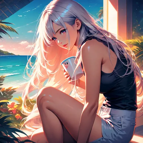 a beautiful anime girl with long silver hair, sitting on a balcony, holding a cat-themed mug, wearing a black sleeveless top and light shorts, soft sunset glow, warm lighting, tropical ocean view, lush greenery, soft shading, semi-realistic anime style, hi...