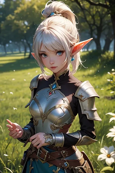 A close up of a woman in costume standing in a field, Guild Wars 2, <mmorpgs scene, mmorpg gameplay, mmorpg, mmorpg fantasy, de personagem de anime de Guild Wars, elf princess, Set in the world of Guildwars2,  fascinating and hypnotic woman ,  Seductive El...