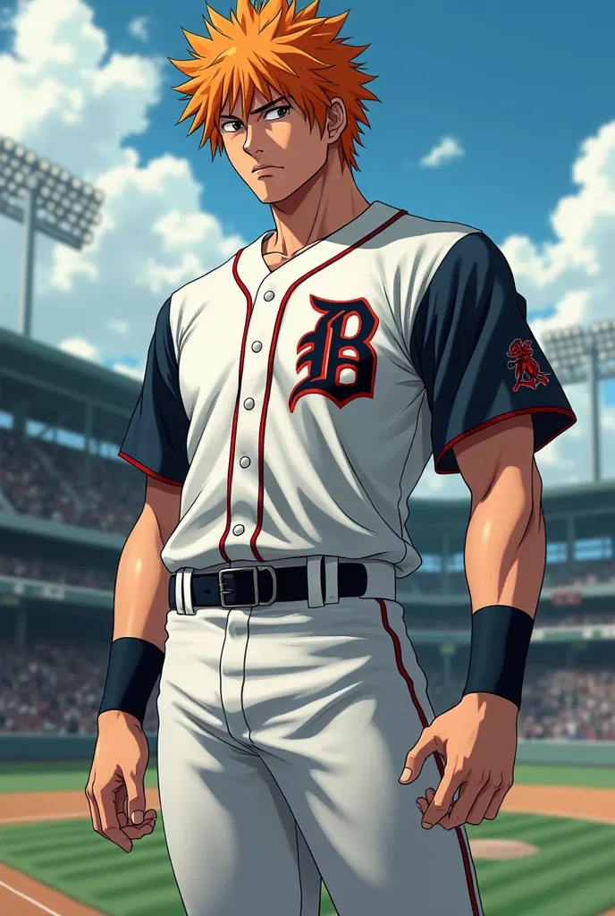 Crea a Ichigo Kurosaki de bleach con un traje de baseball