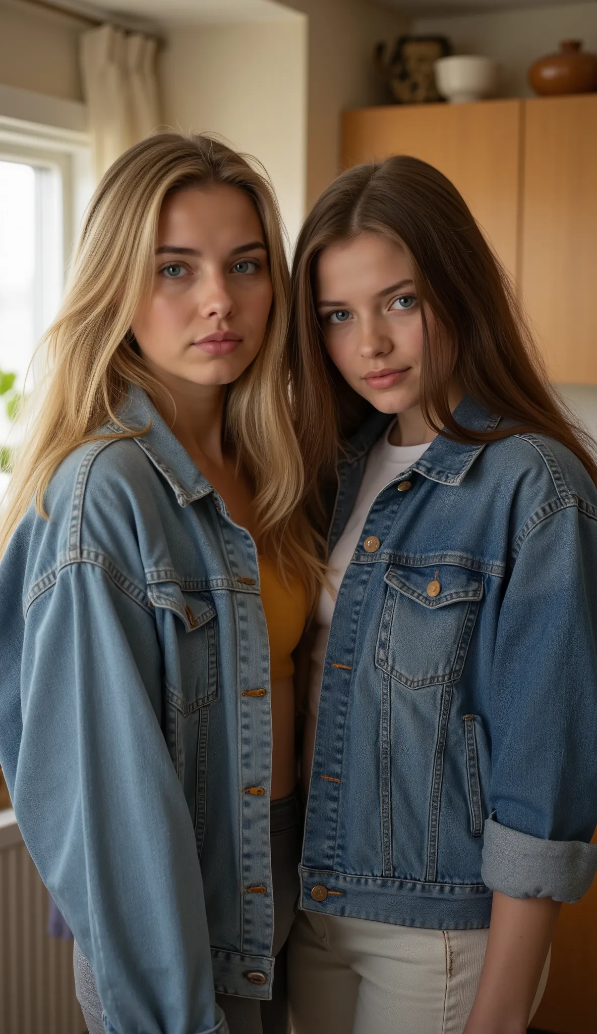 Mother {age 40 years, slightly bigger, denim, Size 69 inches} and Daughter {age 18 years very young, Size 66 inches, makeup} in the kitchen, posing facing camera