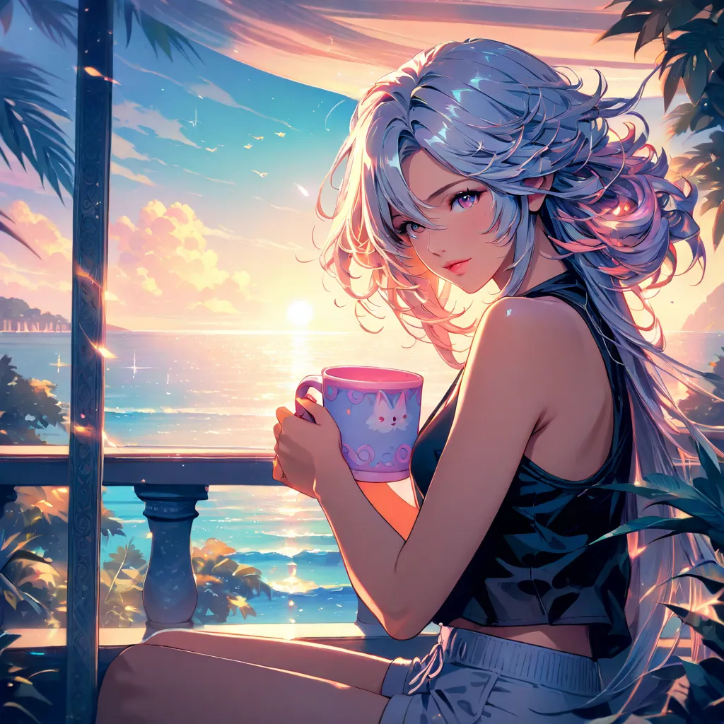 pastel color, anime, a beautiful anime girl with long silver hair, sitting on a balcony, holding a cat-themed mug, wearing a black sleeveless top and light shorts, soft sunset glow, warm lighting, tropical ocean view, lush greenery, soft shading, semi-real...