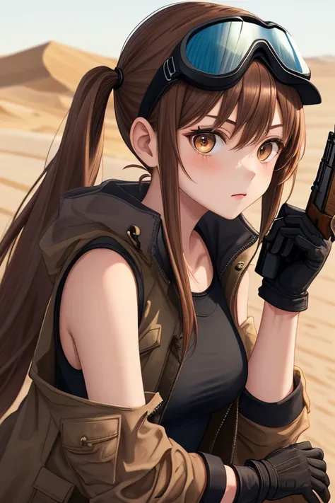 1girl, desert_background, goggles_on_head, brown_hair, pigtails, black_mask, black_tanktop, gloves, holding_shotgun, jacket, brown_jacket, long_hair, open_clothes, torn_clothes, torn_leg-wear