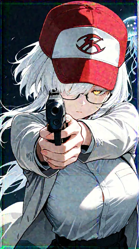 1girl,glasses,white hair, hair over one eye,very breasts,red baseball cap,emotionless eyes, yellow eyes, hold on gun ,take aim, handgun, holding, aiming,Jellyfish Cut
