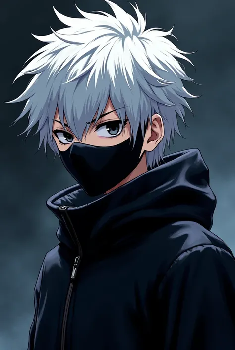 Create an anime-style character with white hair with the black mask with black eyes