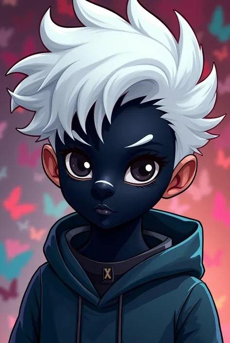 Create a Cartoon-style character with white hair with the black mask with black eyes