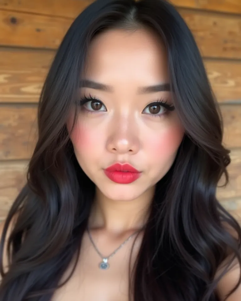  The image shows a young woman with long, smooth dark-colored hair ,  possibly black or very dark brown ,  posing for a selfie.  She has fair skin and is wearing highlighted makeup ,  with well-marked black eyeliner on her eyes ,  soft blush on the cheeks ...