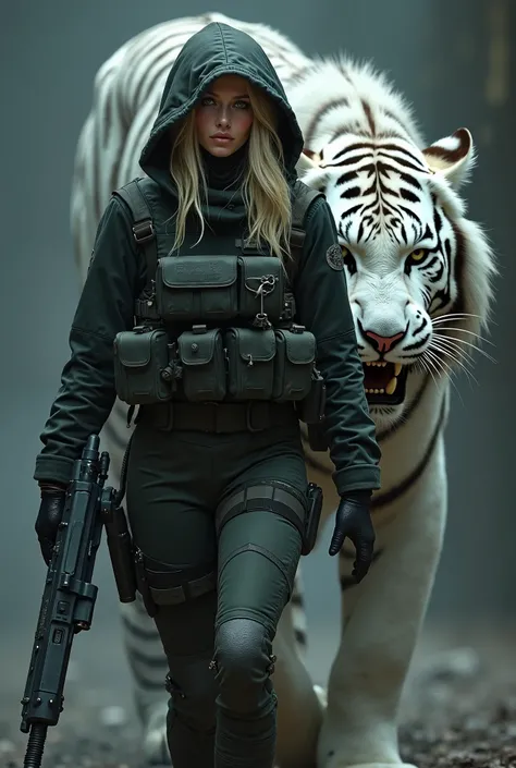 Military woman with blond hair in tactical gear, hooded with her face hiding her clear eyes, walking with a white demon tiger from the underworld. 