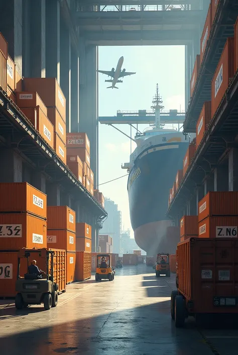  Create an image that says logistics warehouse 
That it has ships, planes and boxes  