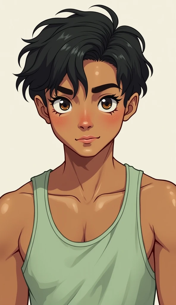 Realistic color drawing. An exceptionally tall olive-skinned eighteen-year-old guy with a smooth, attractive face, wavy black hair, brown eyes, thick eyebrows, long eyelashes. He has broad, muscular shoulders and arms and a well-developed torso. He wears a...