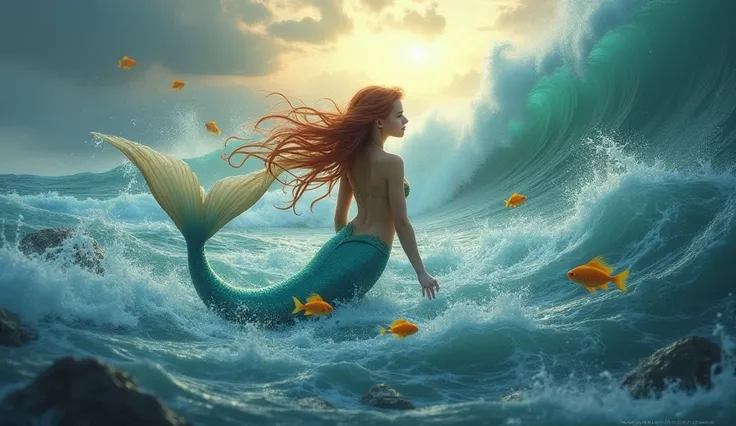 a beautiful mermaid looking out of the stormy ocean on a sunny day