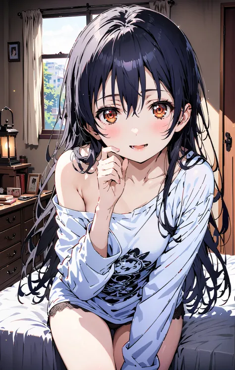   Sonoda Umi  ,  long hair, bangs,  hair between eyes,  brown eyes, smile,sleepy, open the mouth, Lantern,hair straightener,Un blouse,  loose t-shirt , one shoulder, Long Sleeve,Black string underwear ,Bare legs, bed with my thighs, beautiful scenery, resi...