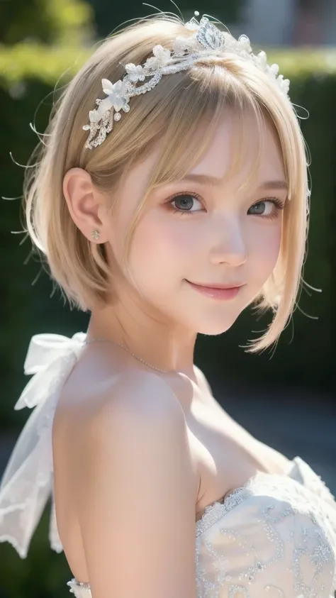  blonde hair,Short Hair,pure white lace prom dress, tiara , little beautiful girl, slender body,Correct human body, detailed eyes, detailed face, beautiful face, cute face, beautiful skin, evenly balanced eyes, droopy eyes , embarrassed smile, highest reso...