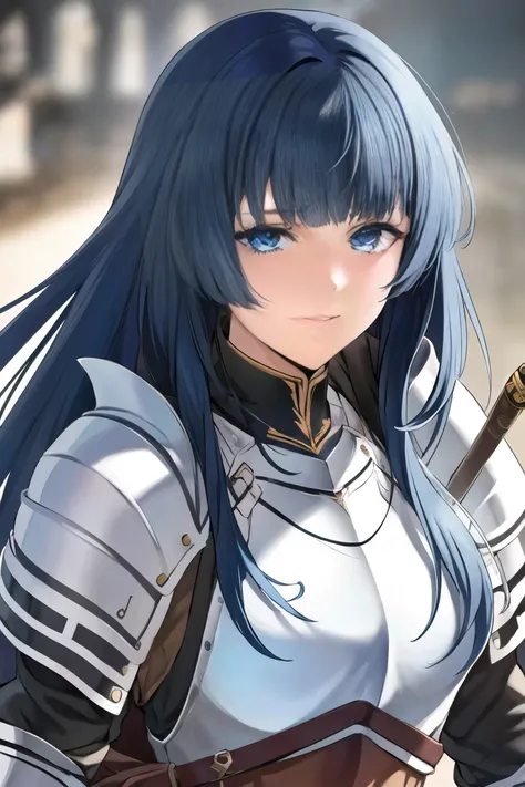 (masterpiece, best quality:1.2), 1girl, solo, adult face, fearless face, blue hair, long hair, blunt bangs, blue eyes, blue detachable collar, shoulder armor, belt, pauldrons, breastplate, waist armor, Fauld, arms armor, gauntlets, blue loincloth, Sabatons...