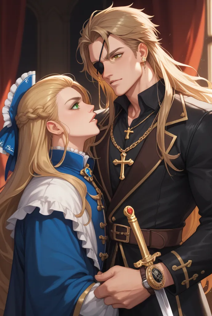 Pirate anime boy.  very long blonde hair . honey brown eyes ,  eye patch , large crucifix and sword. Watch challenging the adversary . Two men looking each other face to face about to counter attack. The other one is the anime boy Prince of Darkness from L...