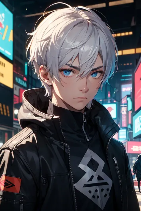 silver flat short hair，Blue Eyes，Indifferent Beautiful Boy，Near future，Cyberpunk style