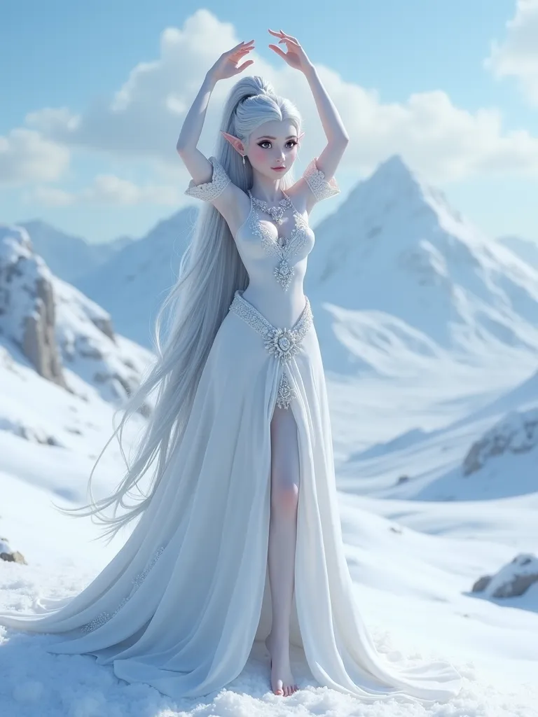 best quality, masterpiece, Disney-Pixar princess, beautiful adult high elf princess, re-animated dead elf princess from ancient legend, tall and elegant, lifeless skin colour, bleached snow-colour skin, gleaming skin of pure snow, facing the viewer, long p...