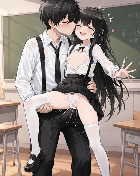 gentle Japanese black hair twin tail black hair 1@-year-old elementary school girl is standing in a classroom, smiling happily and crying, kissing a  male classmate in the rear position, having sex, reaching the height of orgasm, and semen overflowing from...