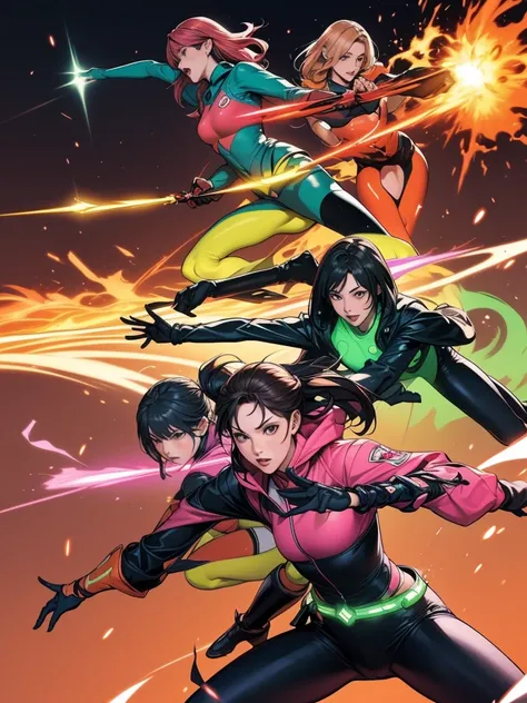 A brave and daring image of the six-woman Ranger team, Each is decorated with the following vibrant colors:: neon pink, Sunset Orange, Fire engine red, plasma violet, Fluorescent Green, shocking yellow. A dynamic pose with a background that oozes energy an...