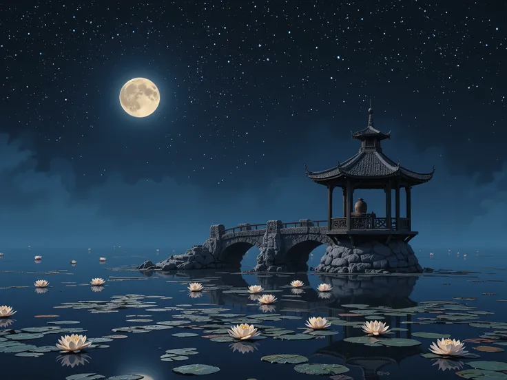 Under the silver glow of a full moon, a vast lake stretches out like a mirror reflecting the star-strewn sky. The water is so still that it seems as if one could walk upon it, stepping between the constellations. Lotus flowers drift across the surface, the...