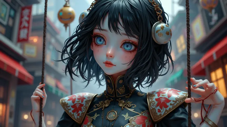  A beautiful mechanical girl built in part ，There are cracks in the face， showing her internal mechanisms , Watching viewers with sadness .  She is suspended and controlled by a rope extending from the sky. . The scene is presented from a bird's-eye view ,...