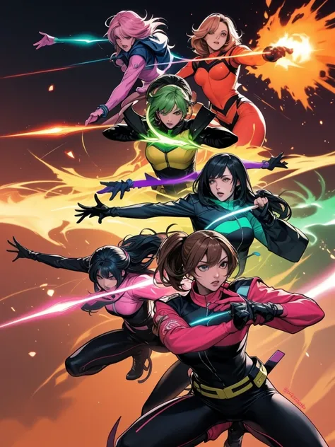 A brave and daring image of the six-woman Ranger team, Each is decorated with the following vibrant colors::Fire engine red, neon pink, Sunset Orange, plasma violet, Fluorescent Green, shocking yellow. A dynamic pose with a background that oozes energy and...