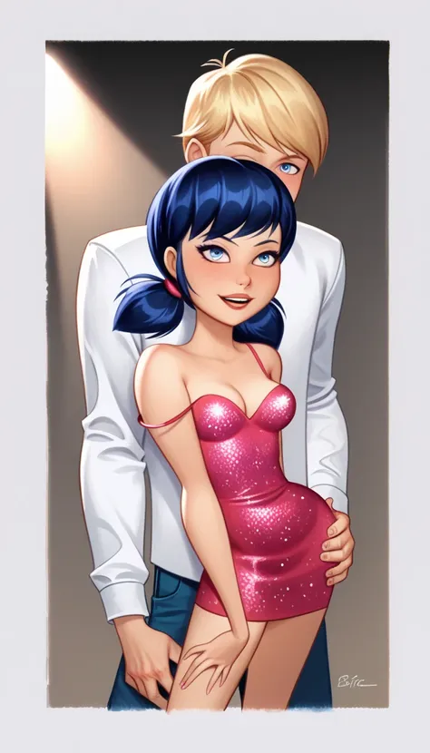 Marinette dark blue hair in pigtails ((Slow dancing couple, boy and girl)), Marinette and Adrien A stunning and intricate color portrait in Ultra-HD, (1 girl) slowly dancing with (1 boy), detailed face with light makeup, dark blue hair in pigtails, blue ey...