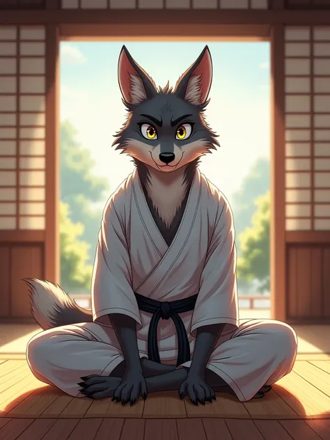 Anime art, Zootopia male wolf wearing a jiu jitsu gi sitting in seiza poisition at dojo