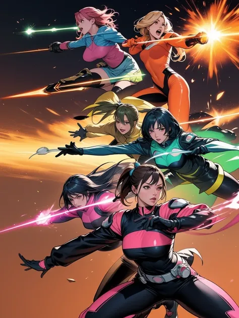 A brave and daring image of the six-woman Ranger team, Each is decorated with the following vibrant colors::Fire engine red, neon pink, Sunset Orange, plasma blue, Fluorescent Green, shocking yellow. A dynamic pose with a background that oozes energy and c...