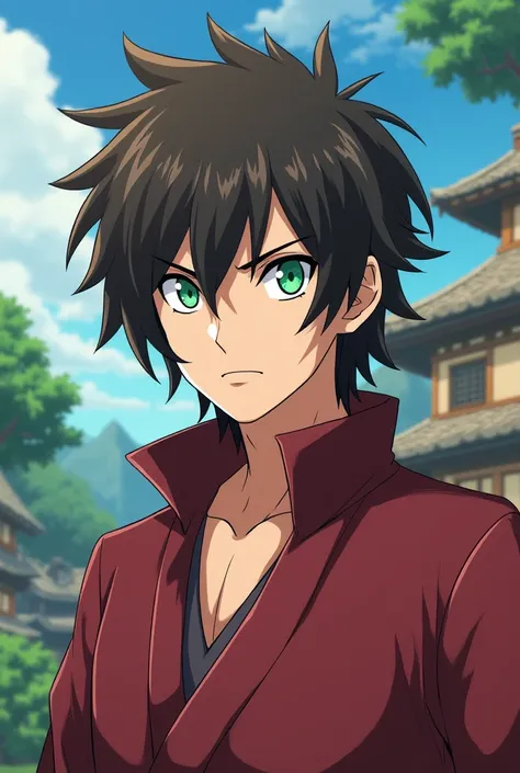 What would a male character look like in the anime Naruto , with wavy dark brown hair green turquoise eyes, with clothes: Red and brown 