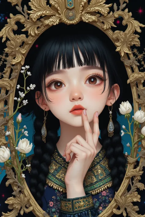  minority girl， big eyes， blush，Heterochromia。 gorgeous ornaments ， unique, thorns, vase, white 花, white rose