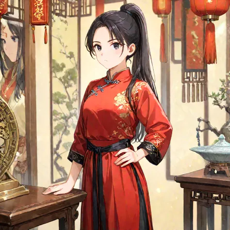  Black Long Hair Tie High Ponytail， black eyes ，Ancient Chinese beauty wearing antique ， Martial Woman in Red Suit