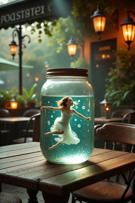 A high resolution photograph of Emma Watson swimming in the sea hidden world inside of a clear jar on the table set against cafe terrace. Intricate details, detailed description.
