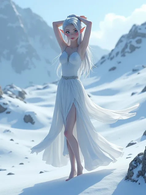 best quality, masterpiece, Disney-Pixar princess, beautiful adult high elf princess, re-animated dead elf princess from ancient legend, lifeless cheeks, tall and elegant, lifeless skin colour, bleached snow-colour skin, gleaming skin of pure snow, facing t...