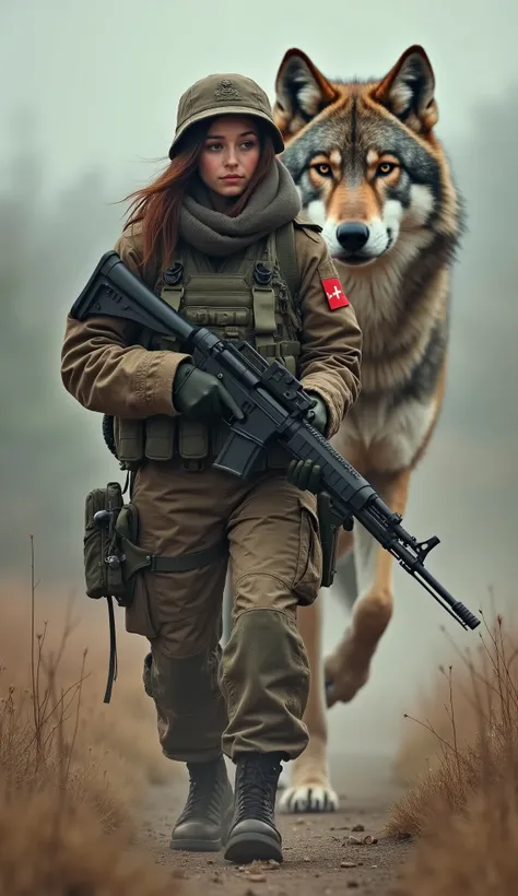 Create A Turkish Army woman Soldier Wearing Turkey Army Uniform Holding A Gun, Walking Straight A Giant Giant Wolf Standing Behind Him, Wolf Height Is More Then The Soldier, A Very Eye Catching Realistic Background, Realistic, Masterpiece Image, Clear Face...