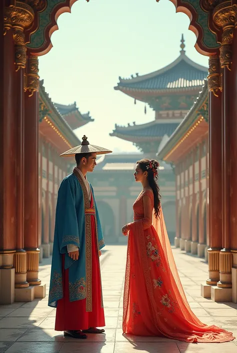 A Korean man dressed in traditional Korean clothes to an Iranian girl dressed in traditional Iranian clothes with a mixed background of Iranian and Korean architecture 