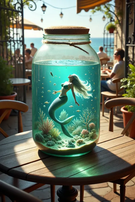 A high resolution photograph of a mermaid swimming in the sea hidden world inside of a clear jar on the table set against cafe terrace. Intricate details, detailed description.