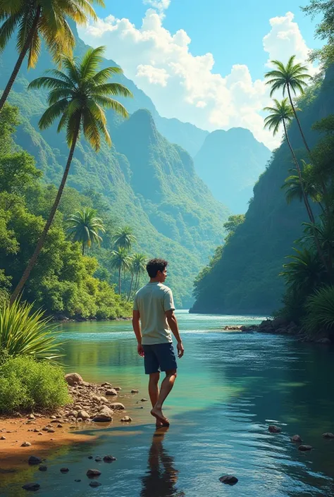 Drawing of a young man walking along a river in Venezuela 