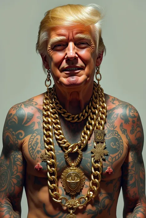 Donald Trump with tattoos and gold chains and gold teeth