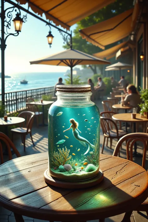 A high resolution photograph of a mermaid swimming in the sea hidden world inside of a clear jar on the table set against cafe terrace. Intricate details, detailed description.