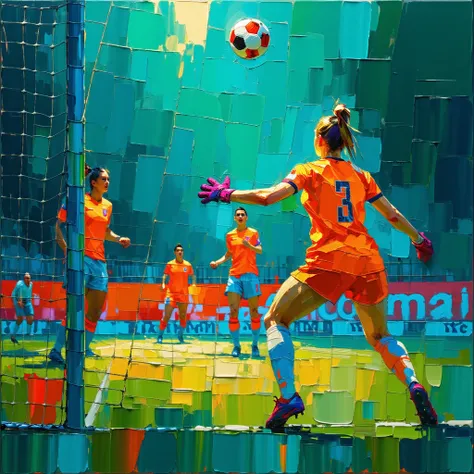   Oil painting, female Soccer players, A goalkeeper defending the goal,  A dramatic composition, (from behind:1.4), Coral, Turquoise, red,  masterpiece ,  Details,   impressionism .  high res, 4K.