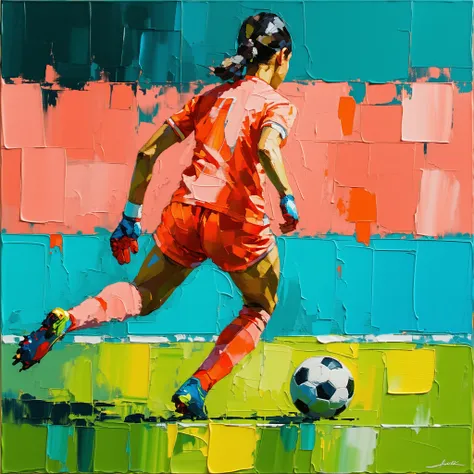   Oil painting, female Soccer players, A goalkeeper defending the goal,  A dramatic composition, (from behind:1.4), Coral, Turquoise, red,  masterpiece ,  Details,   impressionism .  high res, 4K.