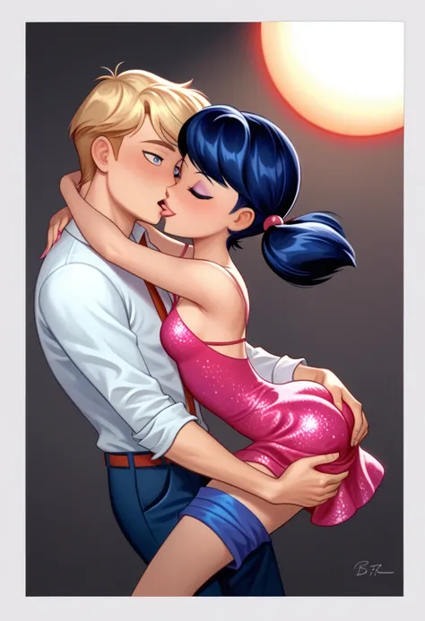 Marinette dark blue hair in pigtails ((Couple dancing slowly, boy and girl)), Marinette and Adrien, dancing slowly with , detailed face with light makeup, dark blue hair in pigtails, blue eyes, (short bright pink party dress with spaghetti straps), adrian,...